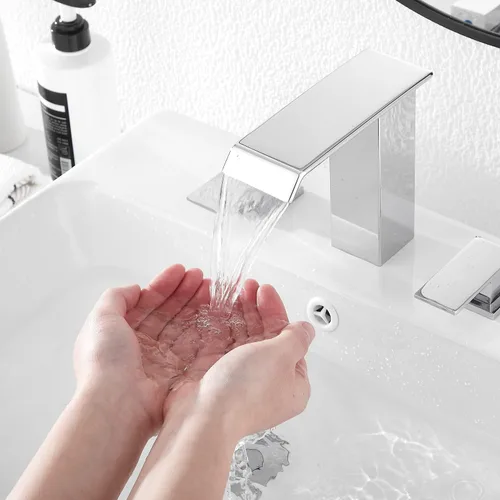 Miniatura 8 de Grifo de baño cromado con cascada de 3 agujeros, 2 manijas, polisehd, cascada cromada, moderna, con drenaje desplegable Cromo