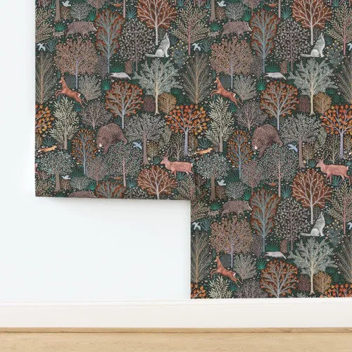 Miniatura 4 de Spoonflower Papel tapiz para despegar y pegar, diseño de animales del bosque del bosque, hojas de otoño, ciervos, árboles rústicos, papel tapiz