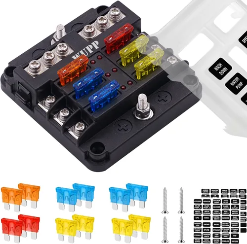 WUPP Bloque de fusibles de 12 voltios, panel de fusibles impermeable para barco con indicador de advertencia LED, cubierta a prueba de humedad, 6