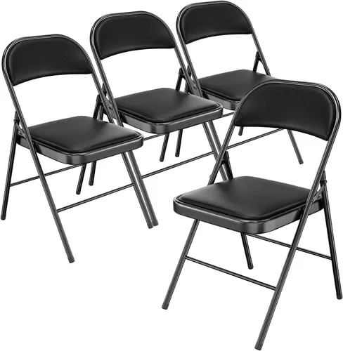 Bonnlo Silla Plegable con Cómodo Cojín Acolchado y Respaldo, Sillas Plegables Portátiles para Exterior, Eventos de Oficina, Bodas, Cuero Pu, 4 Negras