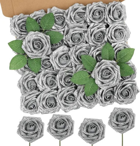 Miniatura 42 de MACTING 30 piezas de flores de rosas artificiales de toque real con tallo, flores falsas de espuma verde para bricolaje, ramo de novia, fiesta, baby