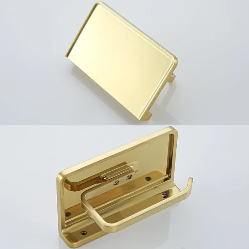 Miniatura 5 de RANDOM Portarrollos de papel higiénico dorado cepillado con estante Soporte de rollo de papel higiénico de metal sólido Gold.RD93008BG Oro cepillado