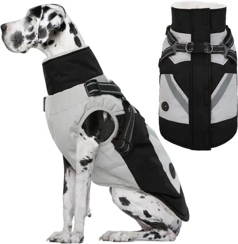 Miniatura 24 de IECOii Chaqueta para perro con arnés de invierno integrado, color negro, XXXL, abrigo de perro con cremallera, ropa de invierno para perros grandes