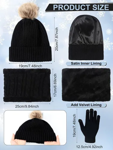 Miniatura 2 de 10 piezas de gorro de invierno bufanda guantes de punto cálido bufanda guantes pantalla táctil orejeras calcetines satén forro interior sombrero
