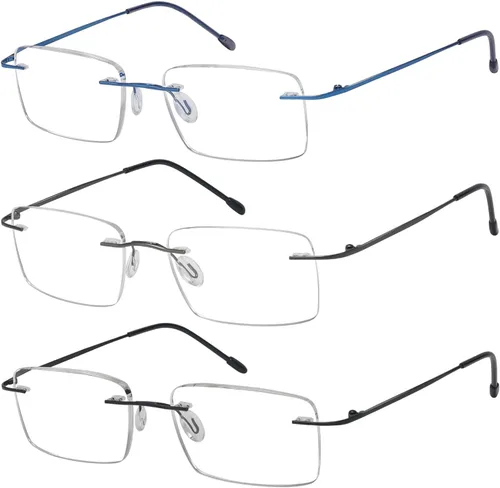 Eyekepper Paquete de 3 lentes de lectura de metal sin montura para hombres, lectores rectangulares sin marco (negro/azul/plomizo)+0.00