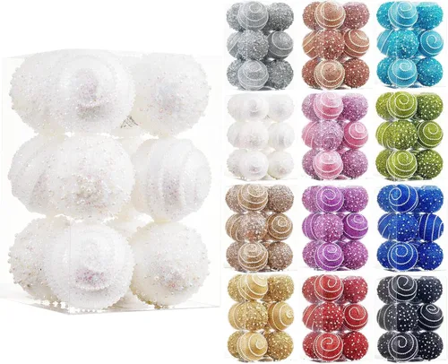 Miniatura 5 de Adornos de bolas de Navidad blancos, adornos de bolas de Navidad de plástico irrompibles colgantes con perlas para fiestas navideñas
