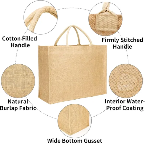 Miniatura 5 de Segarty Bolsa de arpillera, paquete de 6 bolsas grandes reutilizables de lona de yute con asas, bolsas de mano en blanco a granel para damas