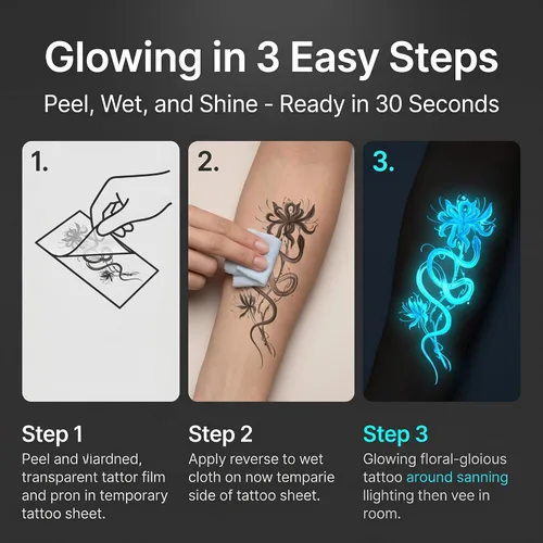 Miniatura 8 de Kotbs 9 hojas de tatuajes temporales que brillan en la oscuridad para mujeres y hombres, alas de serpiente florales de neón UV, tatuajes falsos