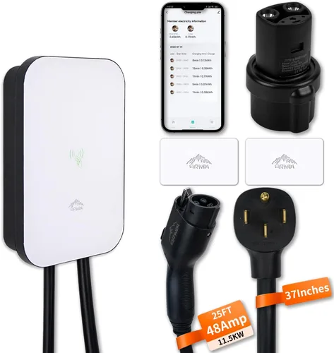 Cargador EV de nivel 2 EVCHANGO, 48 Amperios & 240V Cargador EV de nivel 2, enchufe NEMA 14-50, carcasa metálica, interior/exterior, adaptador Tesla