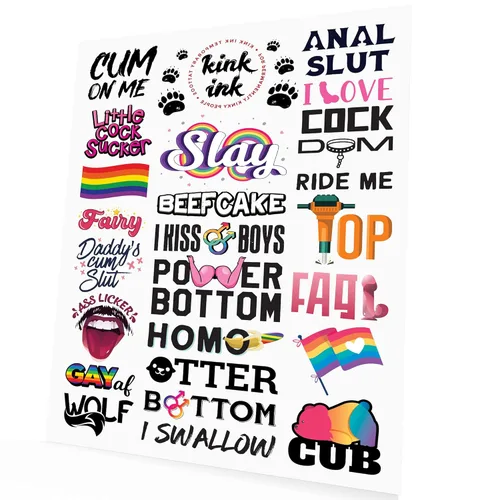 24 x Hardcore Palabras y Frases Temporales Tatuaje Masculino Gay LGBTQ+ Kinky Sticker