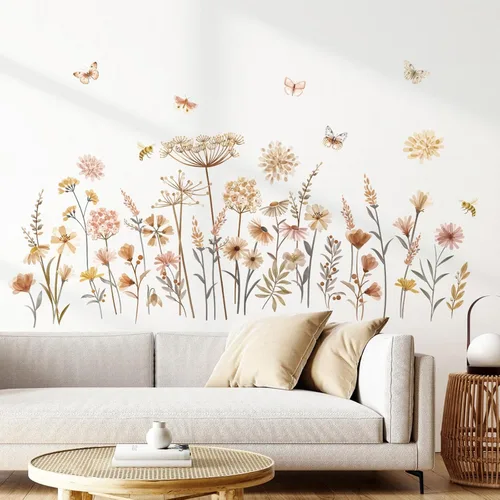 Miniatura 3 de decalmile Adhesivos de Pared Boho de Flores, Adhesivos de Pared de Flores Silvestres, Flores, Dientes de León, Hierba Adhesivos de Pared para Bebé
