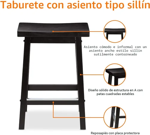 Miniatura 5 de Amazon Basics Taburetes de bar de madera maciza para isla de cocina con reposapiés, 24 pulgadas de altura, negro, juego de 2