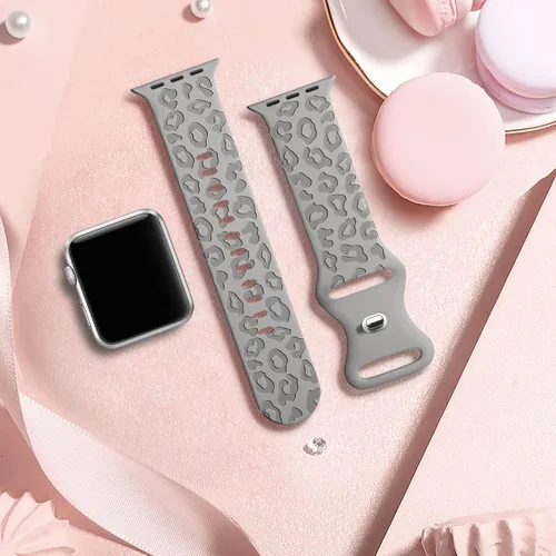 Miniatura 5 de CreateGreat Bandas Grabadas Compatibles con Apple Watch de 40mm 41mm 38mm 42mm 44mm 45mm 46mm 49mm, Correa de Silicona Suave con Patrón de Leopardo
