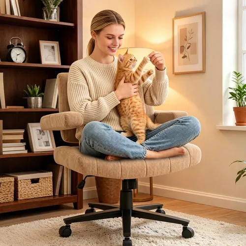 Miniatura 12 de Vigosit Silla de oficina entrecruzada, felpa de gran tamaño para sentarse con patas cruzadas, brazos ajustables y ruedas giratorias de 360°