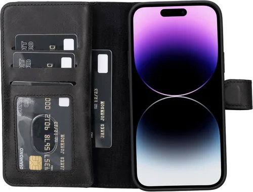 Miniatura 53 de HARDISTON Funda de piel auténtica de alta calidad hecha a mano para iPhone 11 Pro de 5.8 pulgadas, tarjeteros de doble folio, funda magnética Negro