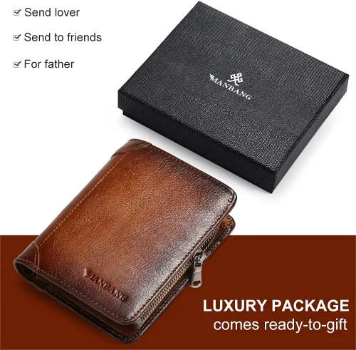 Miniatura 6 de Billetera para hombre con cremallera de cuero genuino RFID tarjeteros de piel de vaca con cremallera bolsillo para monedas, carteras plegables