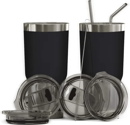 BluePeak Juego de vasos aislados de acero inoxidable al vacío de doble pared, paquete de 2, incluye 2 tapas para sorber, 2 tapas deslizantes a Negro