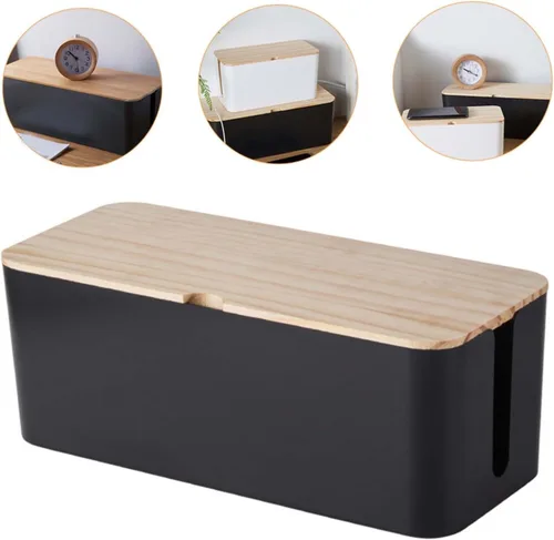 Miniatura 7 de Cable Storage Box with Natural Wood Lid Medium Black Power Line Organizer Household Wire Storage Case for Charging Cables and Socket Management for