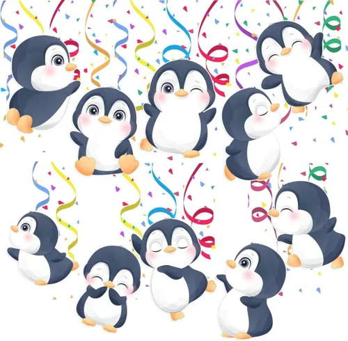 Miniatura 4 de Pingüino 10 piezas de decoración de remolinos colgantes – Bonitos suministros de fiesta de pingüinos para cumpleaños de niños, baby shower, invierno