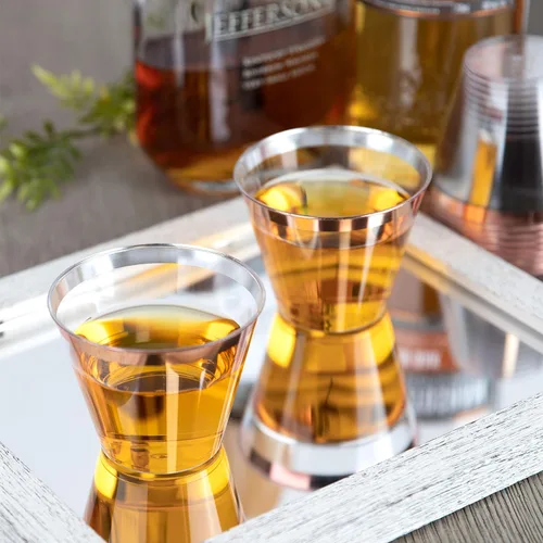 Miniatura 3 de PLASTICPRO 9 onzas Vasos de plástico desechables para fiesta, vasos de diseño antiguo, cristal transparente (transparente con borde de oro rosa, 200)