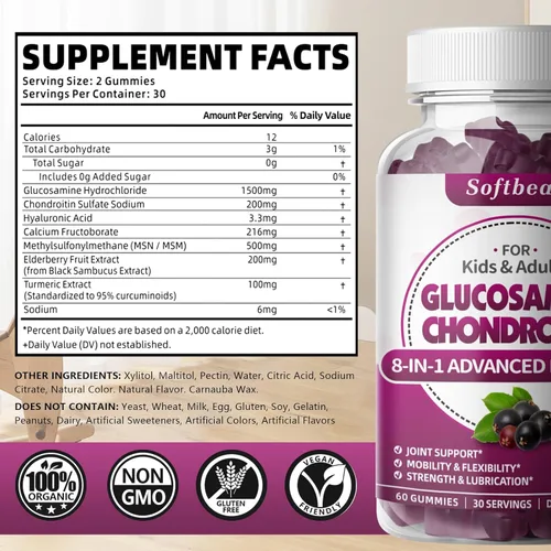 Miniatura 2 de softbear Gomitas de glucosamina condroitina, suplemento MSM de glucosamina condroitina sin azúcar con cúrcuma de saúco que apoya la salud