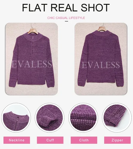 Miniatura 7 de EVALESS Suéteres para mujer, suéter de manga larga con cremallera de un cuarto, cuello en V, suéter tipo polo para mujer