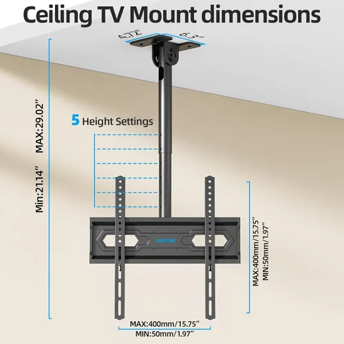 Miniatura 5 de USX STAR Soporte de techo para TV para televisores de 26-65 pulgadas, soporte de techo para TV con movimiento completo giratorio 360°, altura