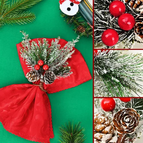 Miniatura 6 de FRAMICS Juego de 6 servilleteros de Navidad, servilleteros con cono de pino nevado con bayas rojas, hebilla de servilleta de bayas para Navidad