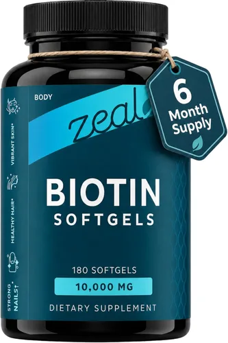 Zeal Biotin 10000mcg con cápsulas blandas de aceite de coco orgánico | Suplemento de vitamina biotina | Vitaminas para el cabello, la piel y las