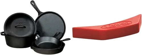 Lodge Paquete de 5 piezas de hierro fundido sazonado. Plancha de 10.5 pulgadas, sartén de 8 pulgadas, sartén de 10.25 pulgadas, horno holandés de