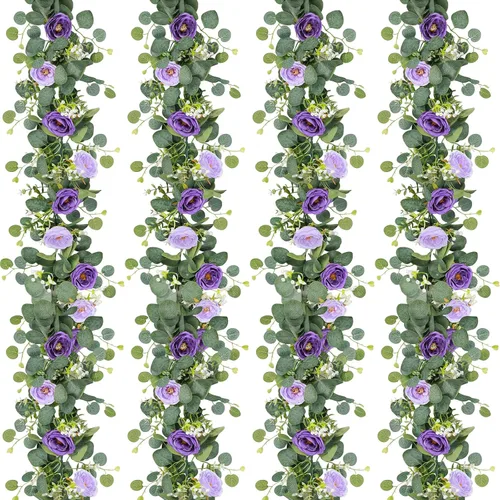 Miniatura 8 de TOCHGREEN Paquete de 4 Guirnaldas de Flores de Eucalipto Artificial con Rosas Blancas, Guirnalda de Flores de Rosa Falsa Vegetación Enredaderas