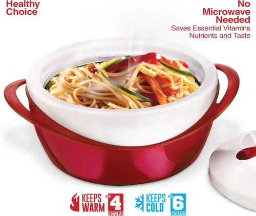 Miniatura 7 de Pinnacle Cazuela grande aislada con tapa 3.6 qt. Elegante calentador/enfriador de alimentos en olla caliente - Tazón térmico para servir Rojo