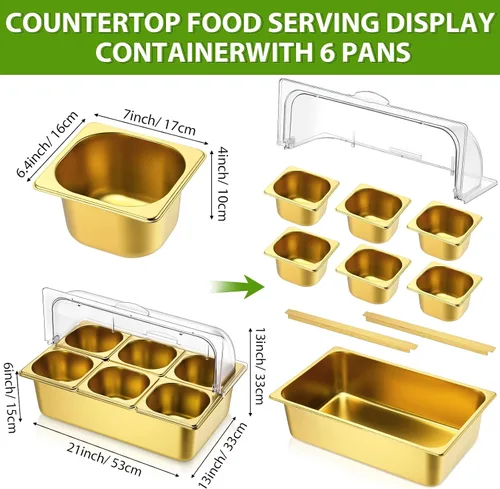 Miniatura 2 de Ziliny Contenedor de exhibición de alimentos para encimera, cubierta superior de rollo transparente, 6 sartenes, acero inoxidable, helado, bufé