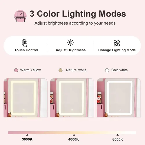 Miniatura 3 de Escritorio pequeño con espejo y luces, juego de tocador de maquillaje rosa con 2 cajones y taburete, tocador de maquillaje compacto para dormitorio