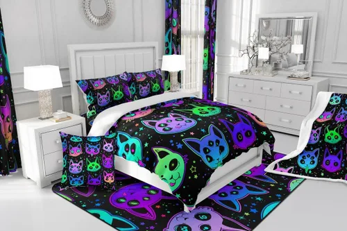 Miniatura 4 de Erosebridal Juego de ropa de cama de gatos de Halloween, lindo juego de cama espeluznante con diseño de gatito neón degradado, juego de colcha