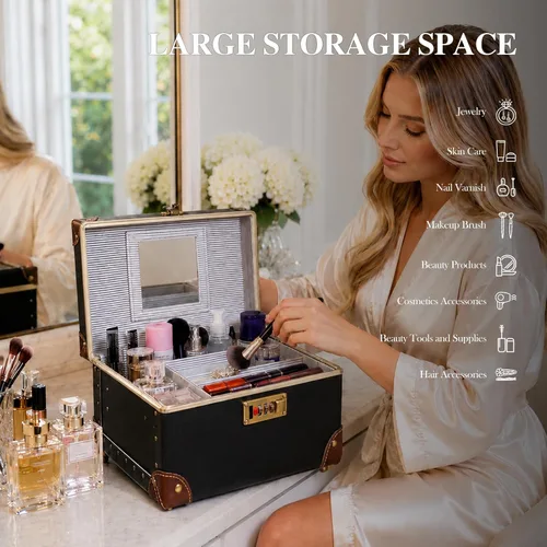 Miniatura 3 de urecity Estuche de maquillaje vintage de piel artificial, organizador profesional de cosméticos con cerradura de combinación de metal, caja