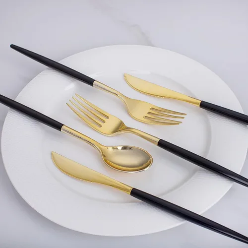 Miniatura 5 de I00000 Juego de 60 cubiertos dorados con mango negro, cubiertos de plástico negro resistente, incluye 20 tenedores, 20 cuchillos, 20 cucharas, juego