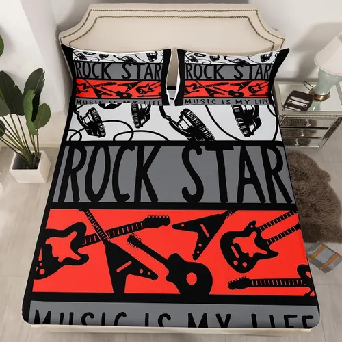 Miniatura 13 de Erosebridal Juego de sábanas de tamaño individual con temática musical, con estampado de notas musicales, juego de cama ajustable en blanco y negro