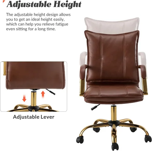 Miniatura 3 de HULALA HOME Silla de escritorio de piel sintética para oficina en casa, silla giratoria ajustable para computadora con patas y brazos dorados, Patas