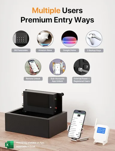 Miniatura 7 de FORFEND - Cajas Fuertes Inteligentes para el Hogar Desbloqueo/Alarma por App de Caja Fuerte WiFi Control por Voz, Alarma SOS de Secuestro