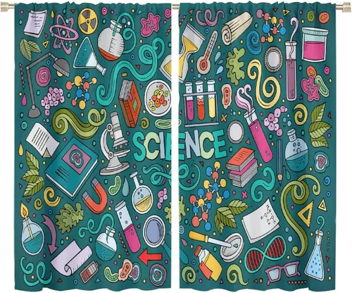 Miniatura 94 de Cortinas opacas para ventanas de ciencia para niños, lupa de libro de laboratorio de ciencia, lupa, frascos moleculares, cortinas impresas