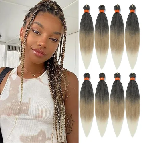 Miniatura 53 de Cabello trenzado preestirado ombré, extensiones de cabello trenzado sedoso, sin picazón, trenzas de cabello trenzado de ganchillo con textura Yaki
