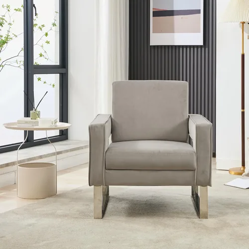 Miniatura 6 de Silla decorativa de terciopelo, moderna silla decorativa gris para sala de estar, silla tapizada para sala de estar para oficina en casa, base