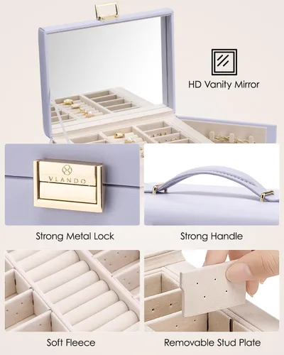 Miniatura 4 de Vlando Joyero de 4 niveles, cajas de joyería y organizadores con asa, 3 cajones de viaje con espejo, almacenamiento de joyas, aretes, collares