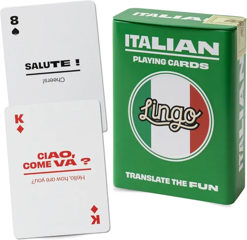 Lingo Naipes italianos en lata de viaje premium | Aprende vocabulario y frases italianas para adultos y principiantes | Edición de caja de regalo de