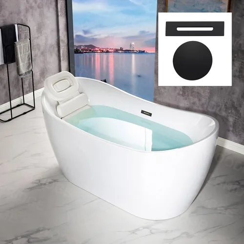 Miniatura 2 de WOODBRIDGE BTA1516 - Bañera de acrílico independiente de 59 pulgadas, moderna bañera blanca con desbordamiento y drenaje negro mate, almohada
