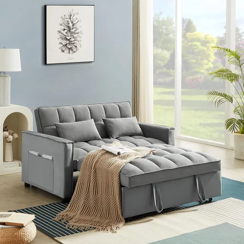 Miniatura 12 de Sofá cama biplaza de terciopelo convertible y moderno con cama desplegable, respaldo ajustable y 2 almohadas lumbares, para espacios pequeños