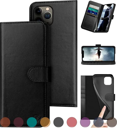 DuckSky Funda tipo cartera de piel auténtica para iPhone 11 Pro con bloqueo RFID, 4 tarjeteros de crédito. Cuero auténtico. Funda protectora para