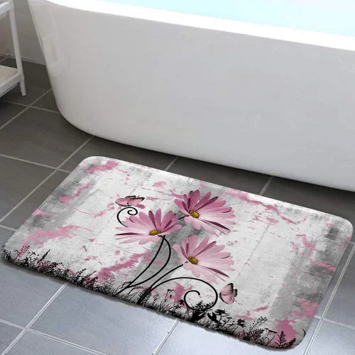 Miniatura 5 de Alfombra de baño rústica de granja, diseño de margaritas y mariposas en madera de campo, tapete de baño de madera color gris, blanco, azul marino