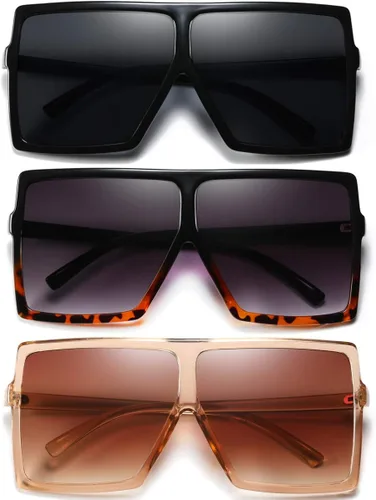 Miniatura 7 de Gafas de sol de 3 piezas para mujer y hombre, montura grande, gafas retro cuadradas